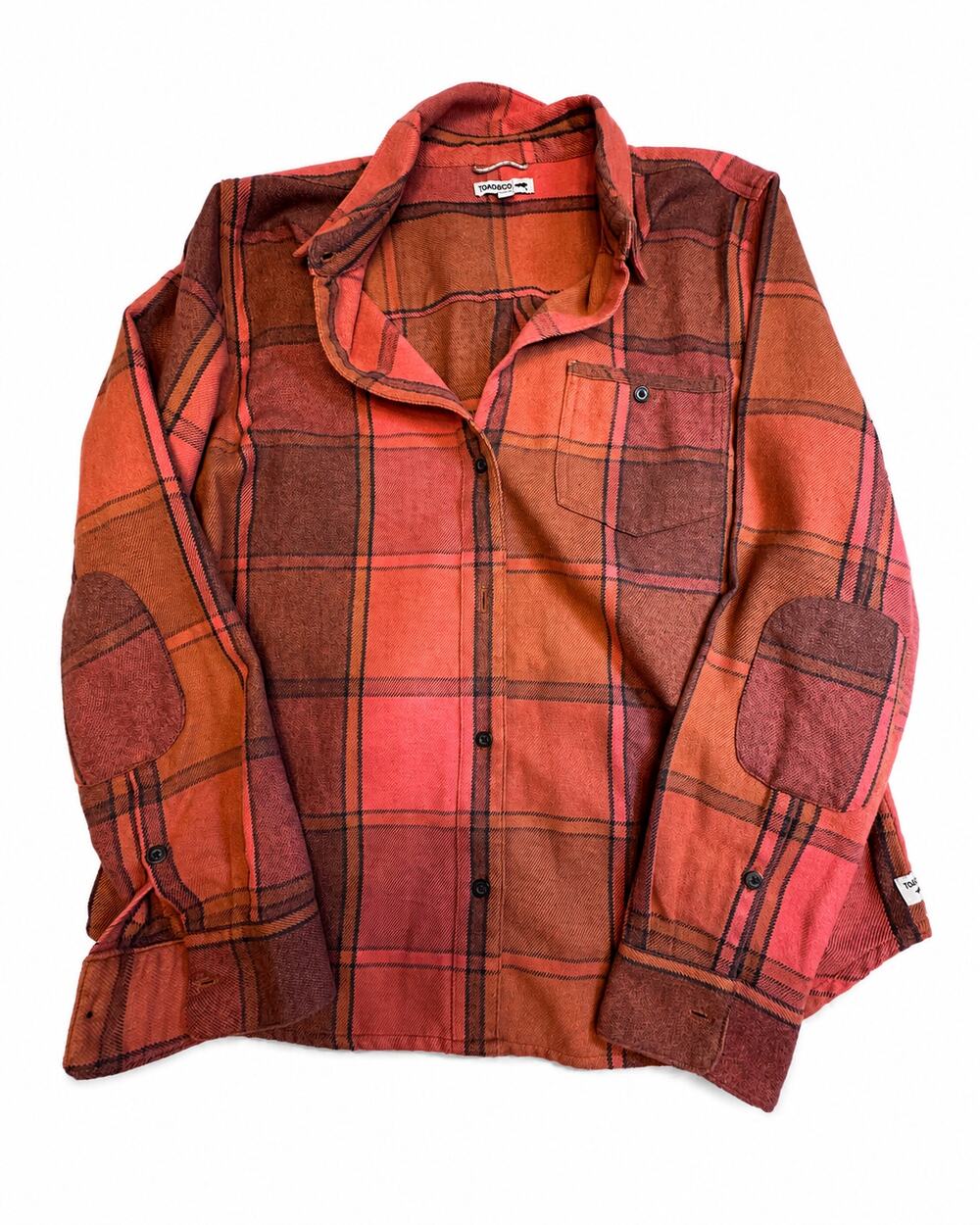 Toad&Co Plaiditude Flannel Shirt Women XL Rust Plaid Elbow Patch Outdoor